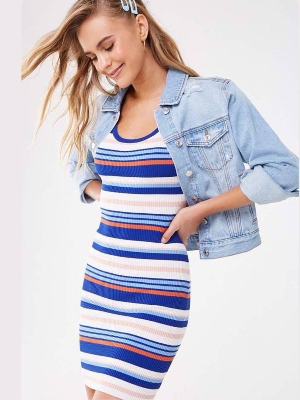 Love Tree Striped Rib Knit Bodycon Mini Tee Dress